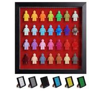 Tapeera Black Wooden Minifigure Display Case - Memorabilia Display Case for Figures - 11 x 11 Inch Shadow Box Frame - Wall and Table Top With Dust Protection - Up To 28 Figures (Red, 3cm Depth)