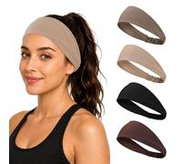 Tapered Cooling Sweat Headbands for Women 4-Pack, Non Slip Wide Workout Headband, Moisture Wicking Elastic Sweatbands (Black/Coffee/Khaki/Brown)