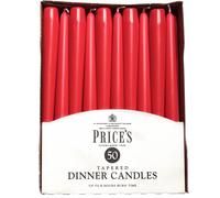 Price's Candles Tapered Dinner Candles Red Unscented Wax Pack of 50 | 7 Hour Burn Time Elegant Long Candles for Home Decor, Events, Celebrations & Dining