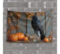 Tapestries Room Decor A Crow Perches On A Jar Surrounded by Pumpkins and Autumn Leaves Tapestry Wall Tapestry Large Indie Room Decor(100X150CM)
