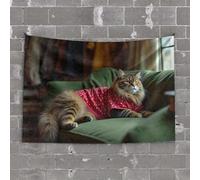 Tapestries Room Decor A Fluffy Cat in A Red Polka-Dot Dress Lounges On A Green Couch Tapestry Beer Decor Man Cave Decorations(100X150CM)