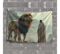 Tapestries Room Decor A Man Stands Before A Majestic Lion in A Mountainous Landscape Tapestry Beer Decor Man Cave Decorations(75X100CM)