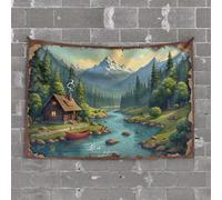 Tapestries Room Decor Serene Cabin By The River with Snow-Capped Mountains in The Backg Tapestry Outdoor Bar Decor Boys Bedroom Accessories(100X150CM)