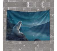 Tapestry for Bedroom A White Fox Gazes at A Starry Night Sky Over A Serene Lake Tapestry Funny Sogns Bar Man Cave Decor(75X100CM)
