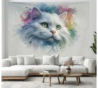 Tapestry for Bedroom Aesthetic, Animal Illustrations Wall Hanging, blue-green Cat ink splash, Mystic Wall Decoration for Home Bedroom, Living Room, Dorm 130x150cm