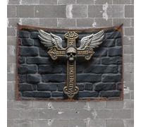 Tapestry for Bedroom Aesthetic Golden Winged Cross with Skull On Dark Brick Wall Tapestry Wall Decor for Dorm Funny Home Decor(75X100CM)
