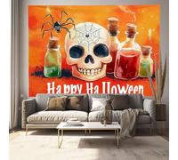 Tapestry For Bedroom Funny Skeleton Wall Hangings Orange Color Tapestries Spider And Potion Bottle Room Decor Yoga Mat, Suitable For Bedrooms, Living Rooms, And Offices - 75 X 100 Cm