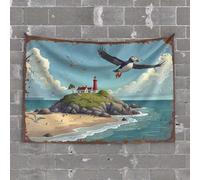 Tapestry for Bedroom Puffin Paradise: A Coastal Retreat with Lighthouse and Seagulls Tapestry Tapestrys Garage Decor for Men(75X100CM)