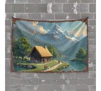 Tapestry for Men Mountain Retreat: A Serene Cabin by The Lake with Majestic Peaks Tapestry Funny Outdoor Decor Stuff for Your Room(100X150CM)