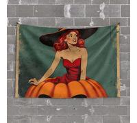 Tapestry for Walls A Woman in A Red Dress Sitting On Pumpkins Tapestry Room Decor Aesthetic Man Cave Decorations(75X100CM)