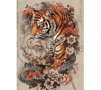 Tapestry Kit Cartoon Tiger And Flowers Printed Canvas Crochet Needlework Diy Craft Rug Cushion Mat Tapestry Knitting Kits For Adults With Instructions 35x46in