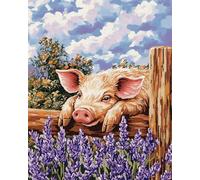 Tapestry Kit Pig Animal and Lavender Crochet Kit for Beginners Adults，DIY Rug Making Kits with Printed Canvas Latch Hook Cushion Set Rugs 35x46in