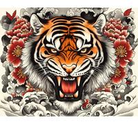Tapestry Kit Tiger Animal and Flowers Printed Canvas Crochet Needlework DIY Craft Rug Cushion Mat Tapestry Knitting Kits for Adults with Instructions 21x29in