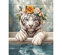 Tapestry Kits for Adults White Tiger Animal and Flowers Printed Canvas Crochet Needlework DIY Craft Rug Cushion Mat Tapestry Knitting Kits for Adults with Instructions 23x35in
