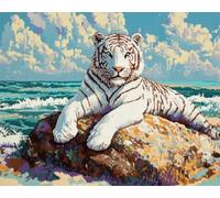 Tapestry Kits For Adults White Tiger Animal And Seascape Handmade Self Knotting Set，Diy Tapestry Kits For Adults Cushion Large Latch Hook Tapestry Pre-Printed Pattern Rug Embroidery Craft 31x45in