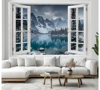 Tapestry Snow-Capped Mountains Lakes View From Window Wall Hanging Winter Landscape Tapestries Poster Decor for College Dorm Beach Throws Table Cloth Bedding Wall Blanket, 150x100 cm, Blue-Gray