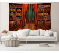 Tapestry Vintage Bookshelf Old Books Retro Library Classical Study Room Red Curtain Misty Wooden Floor Background Wall Tapestry Soft Tapestries Decoration Wall Hanging For Party Family 130X152CM