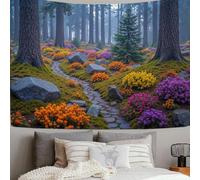 Tapestry Wall Hanging, Flowerbeds And Stone Path Design, Forest Garden Picture Tapestries for Bedroom Dorm Living Room Decor Aesthetic, Orange Color Artwork with Soft Color Palette (100 x 70cm)