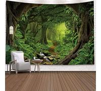 Tapestry Wall Hanging, Green Misty Jungle Tree Plants Water Picnic Sheet Wall Decor Blanket Wall Art Bedroom Décor, 56"W x 84"H (210x140cm)