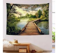 Tapestry Wall Hanging Natural landscape Wooden bridge and lake Wall Hangin Dark green Tapestries for Bedroom Room Decor Twin Bedspread Meditation Yoga Mat Rug Walls Hanging Decoration - 100x150cm