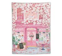 Tapestry Wall Hanging New Beginnings Shop With Cherry Blossoms Cozy Seating & Hopeful Sign Romantic Style For Bedroom Living Room Fresh Warm Aesthetic Shop Art60 x80 Tapestry