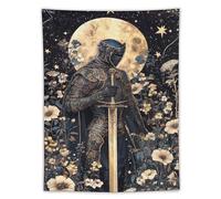 Tapestry Wall Hanging Ornate Armored Knight With Sword Under Full Moon & Flowers Dark Blue Background Fantasy Style For Bedroom Living Room Mystical Medieval Decor60 x80 Tapestry