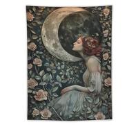 Tapestry Wall Hanging Red Haired Woman By Crescent Moon & Roses Dark Background Art Style - Home Decor For Bedroom Living Room Retro Mystical Aesthetic Fantasy Art60 x80 Tapestry