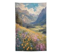 Tapestry Wall Hanging Vibrant Wild Flower Field In Mountain Valley With River & Majestic Peaks Oil Painting Style - Home Decor For Bedroom Living Room Serene Scenic Aesthetic Natural Landscape Art60"x