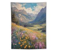 Tapestry Wall Hanging Vibrant Wild Flower Field In Mountain Valley With River & Majestic Peaks Oil Painting Style - Home Decor For Bedroom Living Room Serene Scenic Aesthetic Natural Landscape Art60"x