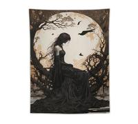 Tapestry Wall Hanging Woman In Black Dress By Full Moon Bare Trees & Crows Art Style - Home Decor For Bedroom Living Room Dark Mystical Aesthetic Fantasy Art30 x40 Tapestry