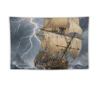 Tapestry with Hanging Kit - Ancient Sailing Ship in Storm Vintage Aesthetic Tapestry Wall Hanging for Bedroom Living Room Dorm Decor, Bohemian Personalized Backdrop for Home Decoration 40"x60"