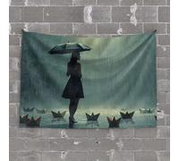 Tapestry with Words A Woman Stands in The Rain with an Umbrella, Surrounded by Paper Boats Tapestry Garage Accessories for Man Cave Cool Room Accessor(100X150CM)
