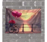 Tapestry with Words Bicycle with Heart-Shaped Balloons by The Canal at Sunset Tapestry Garage Accessories for Man Cave Cool Room Accessor(100X150CM)
