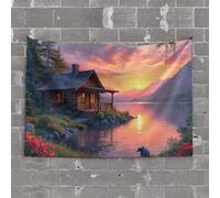 Tapestry with Words Log Cabin by The Lake at Sunset Tapestry Garage Accessories for Man Cave Cool Room Accessor(75X100CM)