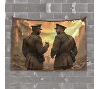 Tapestry with Words Two Soldiers in Uniform Share A Glass of Wine Amidst Ruins Tapestry Garage Accessories for Man Cave Cool Room Accessor(75X100CM)