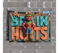 Tapestrys Muscular Man with 'My Brain Hurts' Sign Tapestry Funny Patio Decor Backyard Bar Decor(75X100CM)