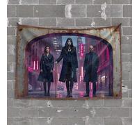 Tapestrys Urban Mystique: Three Figures in A Neon-Lit Cityscape Tapestry Ceiling Decor Man Cave Decorations(100X150CM)