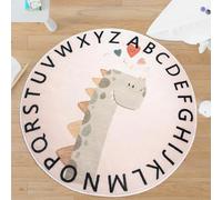 Tapis Design Cartoon Dinosaur Rug, Soft Cute Kids Rug Non-Slip Washable Carpets for Boys Girls Bedroom Nursery Playroom, Round 80cm, Blush Pink and Sage Green