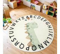 Tapis Design Cartoon Dinosaur Rugs, Soft Cute Childrens Rug, Low Pile Non-slip Washable Kids Carpets for Boys Girls Bedroom Nursery Playroom, Round 60cm, Beige and Duck Egg Blue