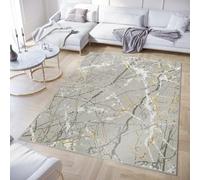 TAPISO Crystal Area Rug Short Pile Modern Light Grey Gold White Abstract Paint Marble 3D Effect Living Room Bedroom Durable OEKO-TEX Carpet Size - 200 x 300 cm (6ft7 x 9ft10)