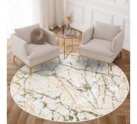 TAPISO Crystal Round Area Rug Short Pile Modern Green Gold Cream White Abstract Paint Marble 3D Effect Living Room Bedroom Durable OEKO-TEX Carpet Size - 160 x 160 cm (5ft3 x 5ft3)