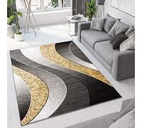 TAPISO Dream Area Rug Living Room Bedroom Short Pile Modern Dark Grey Light Yellow Waves Durable Carpet Size - 250 x 350 cm (8ft2 x 11ft6)
