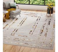 TAPISO Golden Area Rug Cream Gold Frames Flecked Modern Soft Pile Living Room Bedroom Durable OEKO-TEX Carpet Size - 200 x 300 cm (6ft7 x 9ft10)