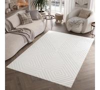 TAPISO Hygge Indoor Area Rug Modern Short Pile Geometric Cream Off-White for Living Room and Bedroom 3D Optic Striped Argyle Design Oeko-Tex 160 x 220 cm (5ft3 x 7ft3)