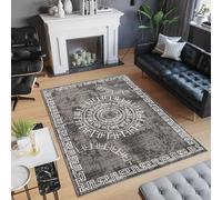 TAPISO Patras Area Rug Short Pile Grey Geometric Frame Greek Round Medallion Living Room Bedroom Durable OEKO-TEX Carpet Size - 160 x 220 cm (5ft3 x 7ft3)