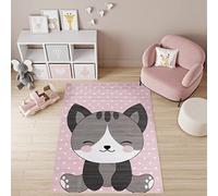 TAPISO Pinky Area Rug Children Kids Room Bedroom Play Mat Cat Dots Pink Grey Durable Carpet Size - 80 x 150 cm (2ft7 x 4ft11)
