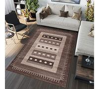 TAPISO Sari Area Rug Living Room Bedroom Durable Brown Contemporary Frame Etno Squares Modern Size - 140 x 190 cm (4ft7 x 6ft3)