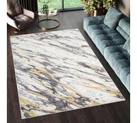 TAPISO Shine Area Rug Living Room Bedroom Abstract Modern Short Pile Gold Grey Cream Marble Durable Size - 160 x 220 cm (5ft3 x 7ft3)