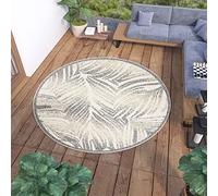 TAPISO Viera Round Area Rug Indoor Outdoor Terrace Balcony Sisal Beige Grey Flecked Leaves Durable Carpet Size - 160 x 160 cm (5ft3 x 5ft3)