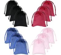 Tapleap Velvet Jewelry Bags with Drawstring, Small Coin Purse, Dice Pouch for Wrapping Wedding Party and Bridal Shower Favors, Birthday Gifts, 12Pcs 3x4in Black, Red, Pink, Blue